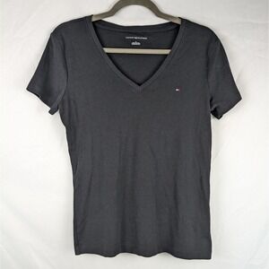 Tommy Hilfiger Womens V Neck T Shirt Top Black Short Sleeve Logo Casual‎ Tee